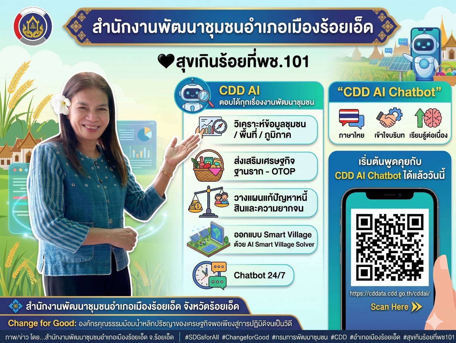 @พช.เมืองร้อยเอ็ด #เชิญชวนพี่น้องชาวร้อยเอ็ด ร่วมใช้ “CDD AI” ผู้ช่วยอัจฉริยะด้านการพัฒนาชุมชน